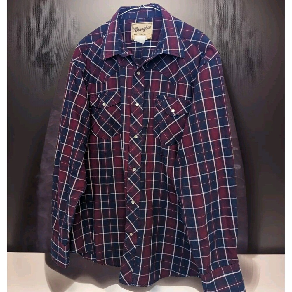 Wrangler Western Mens Pearl Snap Long Sleeve Button Up Burgundy Plaid Size 2XL